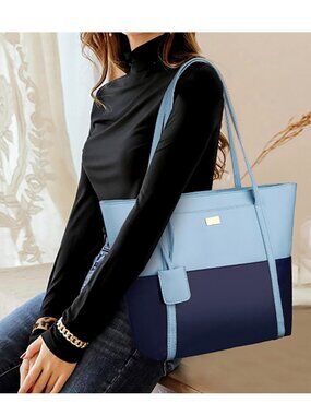 Two-Tone Colorblock Large Tote Bag Shoulder Handbag Blue